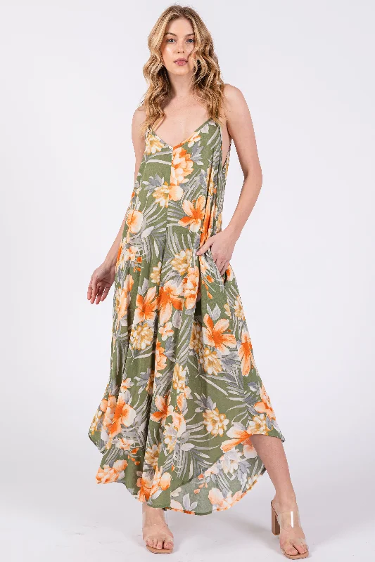 Classic pieces for a timeless wardrobe   Light Olive Floral Cross Back Midi Dress