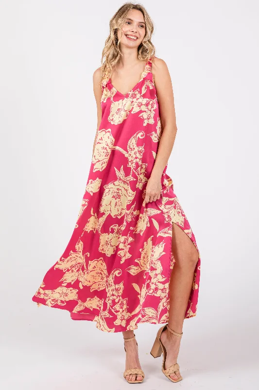 Stylish clothing designed to flatter every woman Fuchsia Floral Ruched Strap V-Neck Midi Dress Stylish clothing designed to flatter every woman Fuchsia Floral Ruched Strap V-Neck Midi Dress