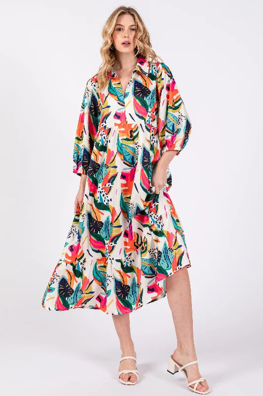 High-fashion styles at affordable prices Cream Leaf Print Half Length Sleeve Midi Dress High-fashion styles at affordable prices Cream Leaf Print Half Length Sleeve Midi Dress