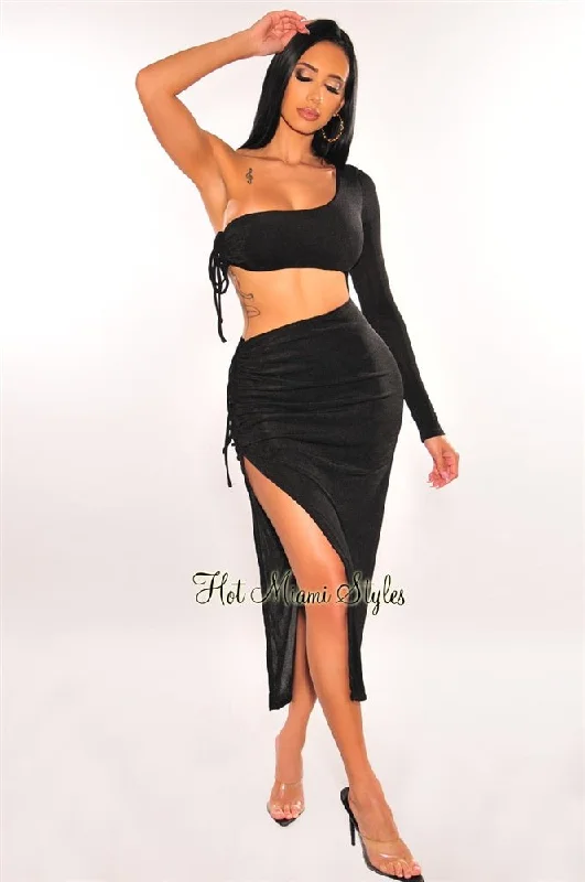 Women’s clothing to inspire confidence and beauty Black One Sleeve Cut Out Ruched Slit Maxi Dress Women’s clothing to inspire confidence and beauty Black One Sleeve Cut Out Ruched Slit Maxi Dress