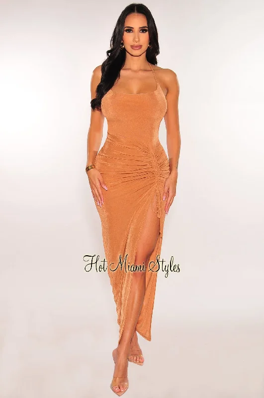 Look and feel your best in our women’s wear Mocha Ribbed Shimmery Halter Drawstring Slit Maxi Dress Look and feel your best in our women’s wear Mocha Ribbed Shimmery Halter Drawstring Slit Maxi Dress