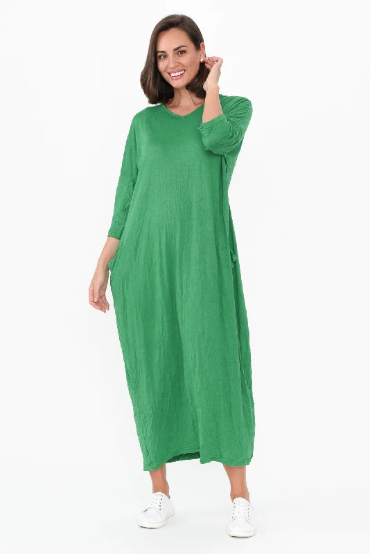 Chic for every occasion and style   Travel Green Crinkle Cotton Sleeved Maxi Dress