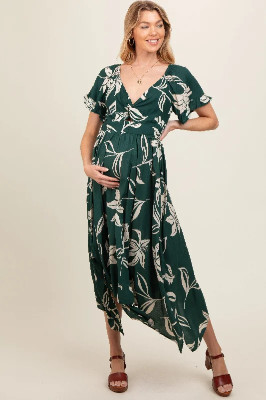 Trendy women’s clothing Forest Green Floral Knot Front Short Sleeve Asymmetrical Hem Maternity Maxi Dress Trendy women’s clothing Forest Green Floral Knot Front Short Sleeve Asymmetrical Hem Maternity Maxi Dress