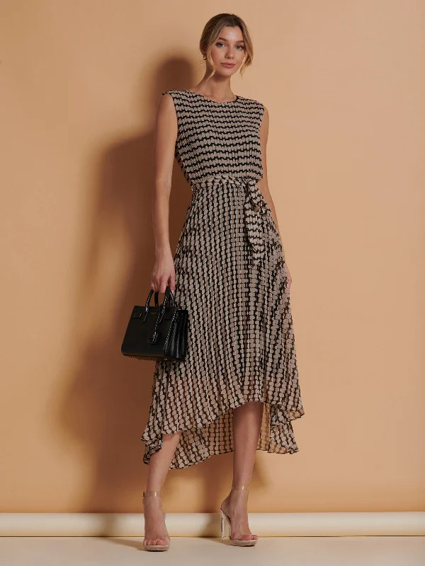 Trendy women’s clothing with a modern twist Pleated Chiffon High Low Maxi Dress, Stone/Black Trendy women’s clothing with a modern twist Pleated Chiffon High Low Maxi Dress, Stone/Black