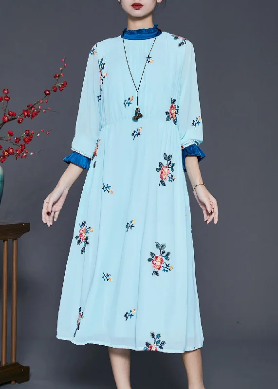 Sporty-chic women’s apparel for active lifestyles French Blue Ruffled Embroidered Silk Maxi Dress Spring Sporty-chic women’s apparel for active lifestyles French Blue Ruffled Embroidered Silk Maxi Dress Spring