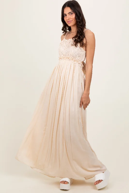 Step up your style with trendy women’s clothing Beige Lace Bodice Cutout Tie Back Maxi Dress Step up your style with trendy women’s clothing Beige Lace Bodice Cutout Tie Back Maxi Dress