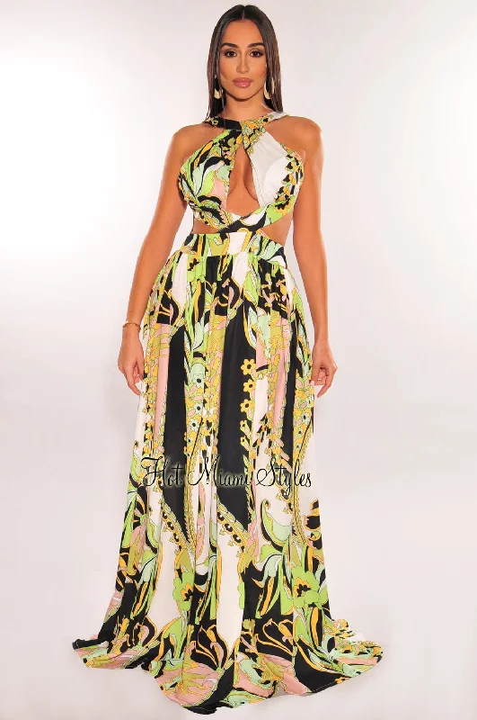 Bold and sophisticated looks for every woman Multi Color Print Halter Padded Cut Out Open Back Maxi Dress Bold and sophisticated looks for every woman Multi Color Print Halter Padded Cut Out Open Back Maxi Dress