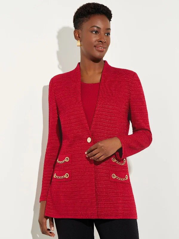 Effortlessly stylish outfits for the modern woman Tailored Fit Chain Detail Textured Knit Blazer Effortlessly stylish outfits for the modern woman Tailored Fit Chain Detail Textured Knit Blazer
