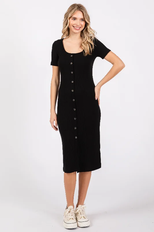 Discover the latest trends in women’s fashion Black Ribbed Front Button Accent Short Sleeve Midi Dress Discover the latest trends in women’s fashion Black Ribbed Front Button Accent Short Sleeve Midi Dress