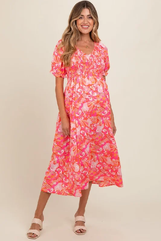 Soft, breathable fabrics for fashionable women Fuchsia Floral Smocked Ruffle Short Sleeve Maternity Midi Dress Soft, breathable fabrics for fashionable women Fuchsia Floral Smocked Ruffle Short Sleeve Maternity Midi Dress