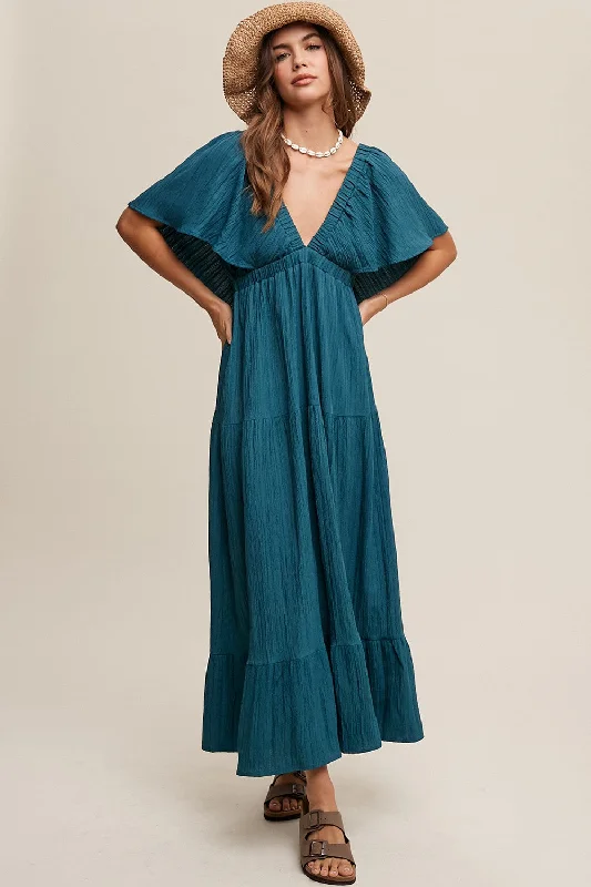 Elegant casual clothing for modern women Emerald Deep V-Neck Flutter Sleeve Tiered Midi Dress Elegant casual clothing for modern women Emerald Deep V-Neck Flutter Sleeve Tiered Midi Dress