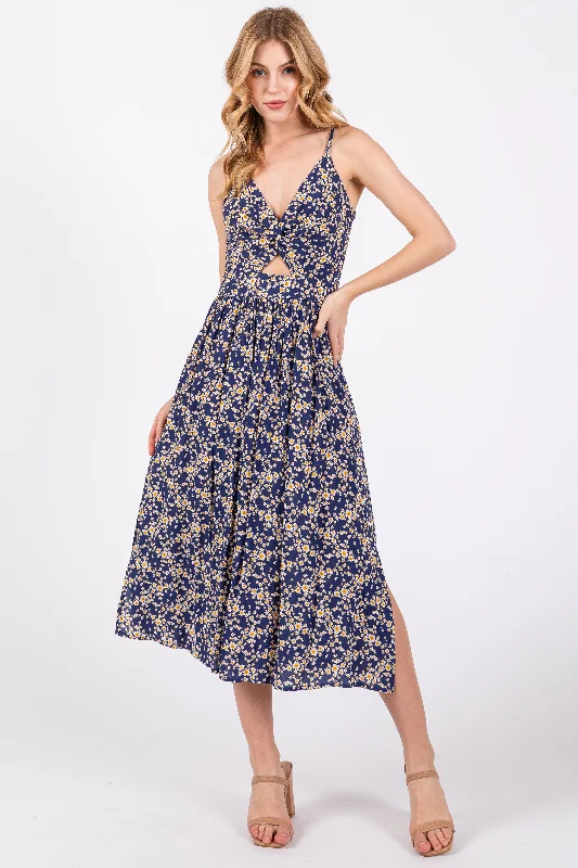 Fashion-forward women’s clothing on a budget   Blue Floral Front Twist Midi Dress