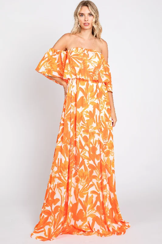 Designer-inspired women’s fashion at affordable prices Orange Floral Off Shoulder Flounce Maxi Dress Designer-inspired women’s fashion at affordable prices Orange Floral Off Shoulder Flounce Maxi Dress