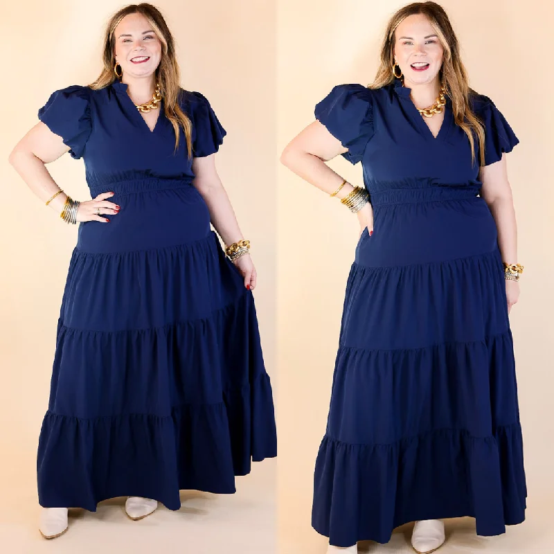 Dress up or down with these versatile pieces Table for Two Tiered Maxi Dress with Puff Sleeves in Navy Blue Dress up or down with these versatile pieces Table for Two Tiered Maxi Dress with Puff Sleeves in Navy Blue