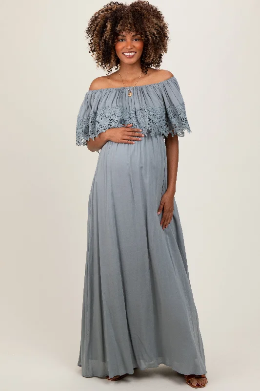 Feminine silhouettes for the modern woman   Sage Lace Off Shoulder Maternity Maxi Dress