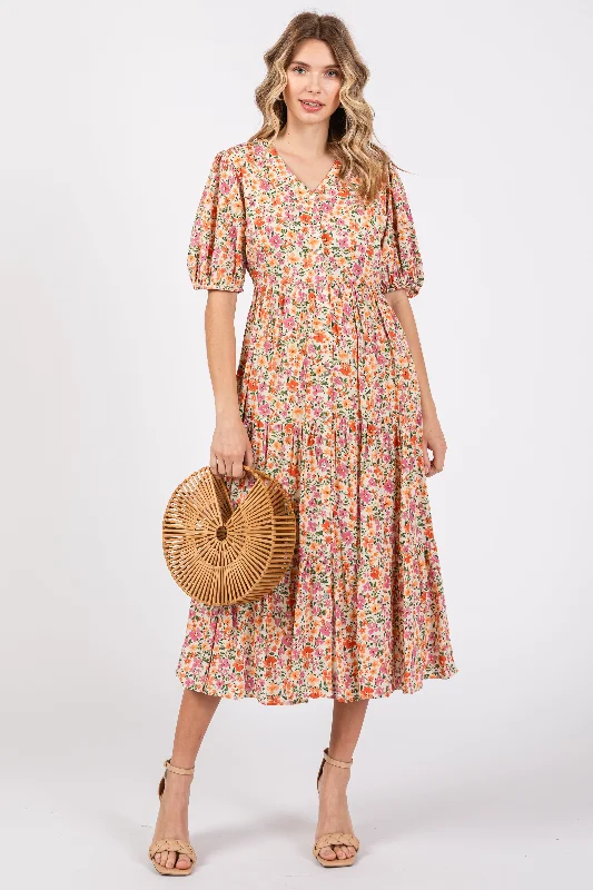 Statement pieces for the confident woman Ivory Floral Button Front Ruffle Hem Midi Dress Statement pieces for the confident woman Ivory Floral Button Front Ruffle Hem Midi Dress