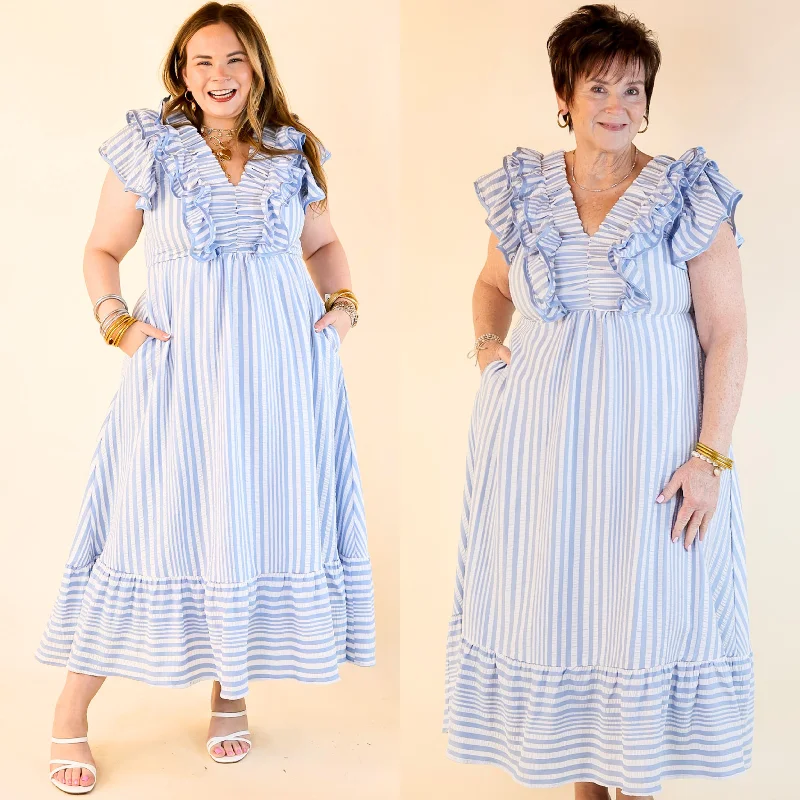 Cozy women’s clothing for the colder months Oh So Sweet V Neck Striped Maxi Dress in Light Blue Cozy women’s clothing for the colder months Oh So Sweet V Neck Striped Maxi Dress in Light Blue
