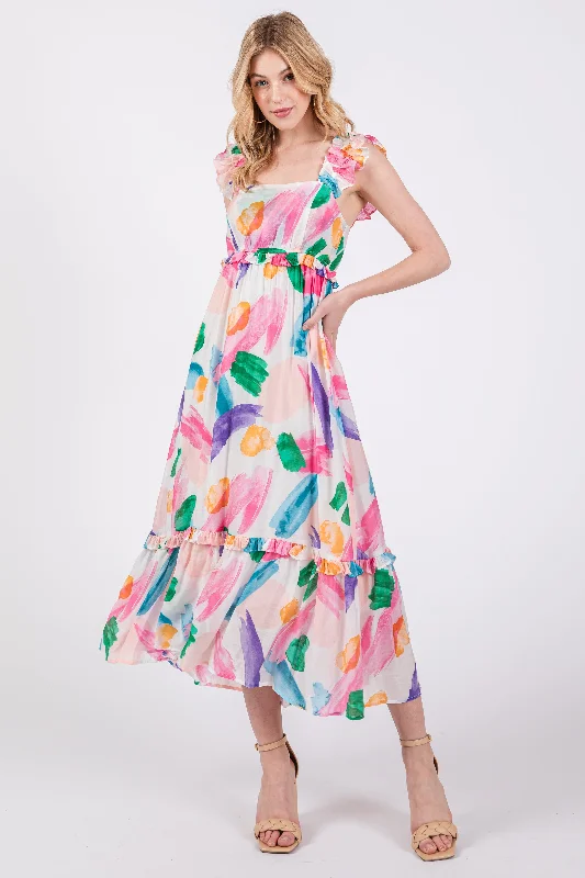 Feminine silhouettes for the modern woman White Watercolor Print Ruffle Accent Midi Dress Feminine silhouettes for the modern woman White Watercolor Print Ruffle Accent Midi Dress