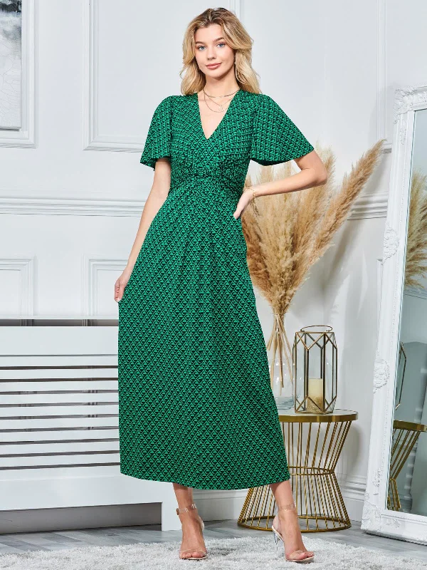Refresh your wardrobe with stylish women’s outfits Plunge Neck Twist Front Maxi Dress, Green Geometric Refresh your wardrobe with stylish women’s outfits Plunge Neck Twist Front Maxi Dress, Green Geometric