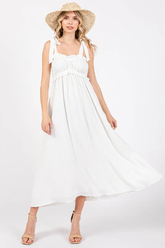 Confidence-boosting clothing for women   White Ruffle Accent Shoulder Tie Midi Dress