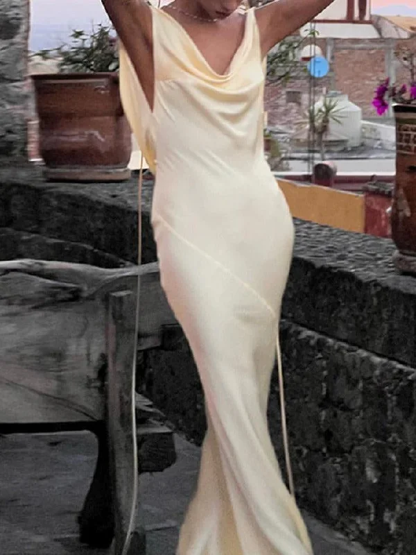 Feminine silhouettes for the modern woman   Satin Backless Tie Up Maxi Dress