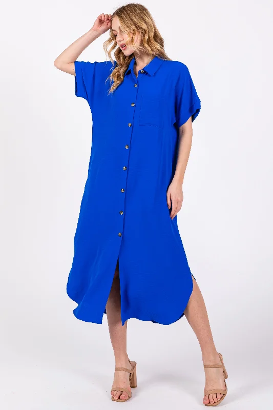 Trendy women’s clothing that suits every taste Royal Blue Button Down Front Pocket Midi Dress Trendy women’s clothing that suits every taste Royal Blue Button Down Front Pocket Midi Dress