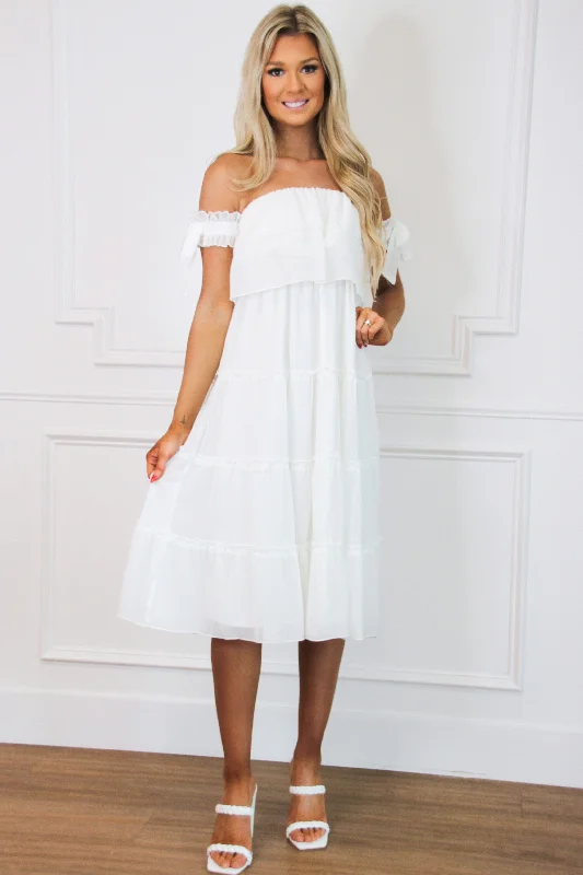 Feminine fashion to express your unique style   Ayla Tiered Midi Dress: White