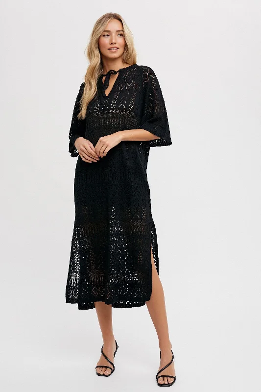 Summer-ready fashion for stylish women Black Open Knit Front Tie Side Slit Midi Swim Cover Up Summer-ready fashion for stylish women Black Open Knit Front Tie Side Slit Midi Swim Cover Up