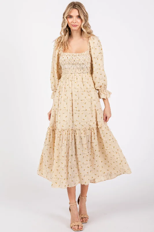 Bold and beautiful clothing for every woman Beige Floral Square Neck Smocked Fringe Midi Dress Bold and beautiful clothing for every woman Beige Floral Square Neck Smocked Fringe Midi Dress