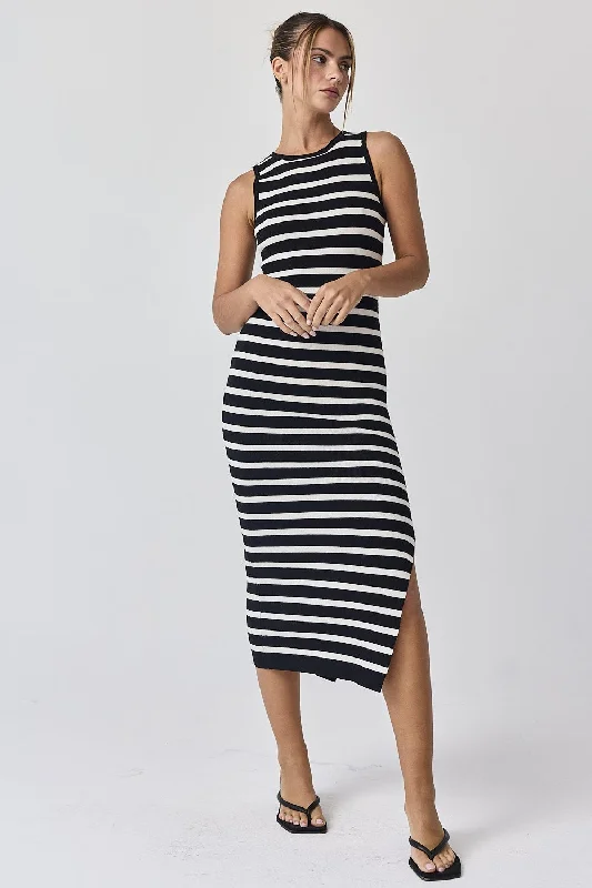 Stylish women’s clothing designed for comfort   Black White Striped Knit Sleeveless Side Slit Midi Dress