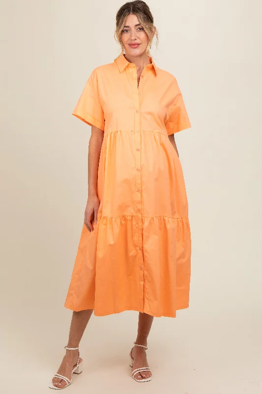 Versatile fashion options for every occasion Orange Tiered Button Down Maternity Midi Dress Versatile fashion options for every occasion Orange Tiered Button Down Maternity Midi Dress