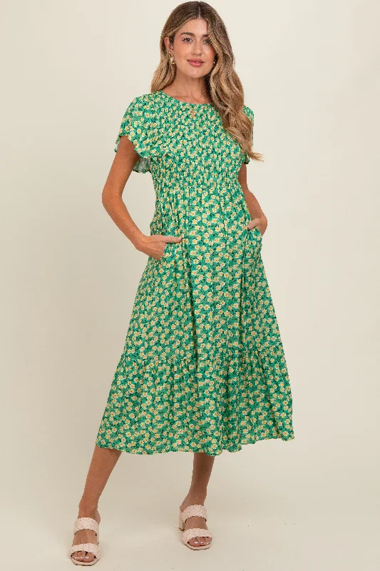 Refresh your closet with chic and comfy styles   Green Floral Smocked Maternity Midi Dress
