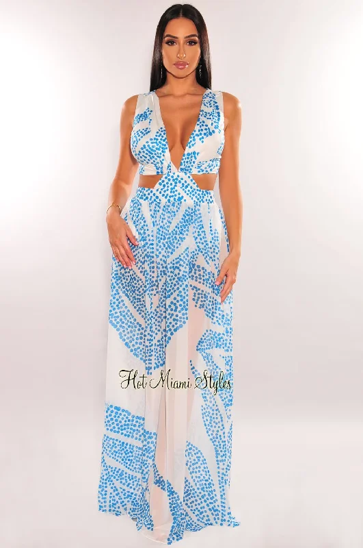 Statement pieces for the confident woman   White Teal Palm V Neck Cut Out Maxi Dress