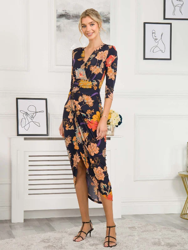 Elegant casual clothing for modern women Ellen Draped Bodycon Maxi Dress, Navy Orange Floral Elegant casual clothing for modern women Ellen Draped Bodycon Maxi Dress, Navy Orange Floral