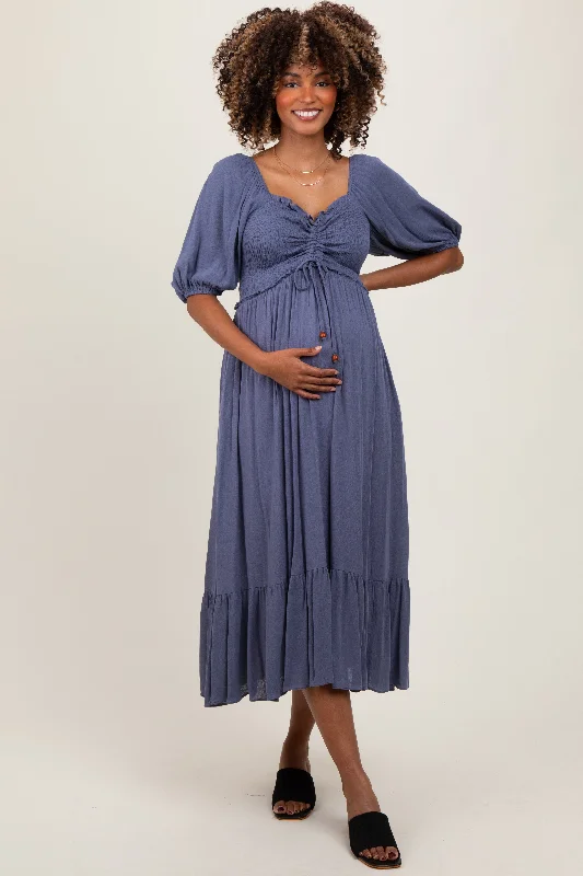 Chic, modern looks for the stylish woman Blue Smocked Cinched Front Maternity Maxi Dress Chic, modern looks for the stylish woman Blue Smocked Cinched Front Maternity Maxi Dress