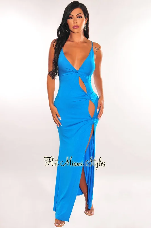 Fashion-forward women’s clothing on a budget Blue Spaghetti Straps Knotted Cut Out Slit Maxi Dress Fashion-forward women’s clothing on a budget Blue Spaghetti Straps Knotted Cut Out Slit Maxi Dress