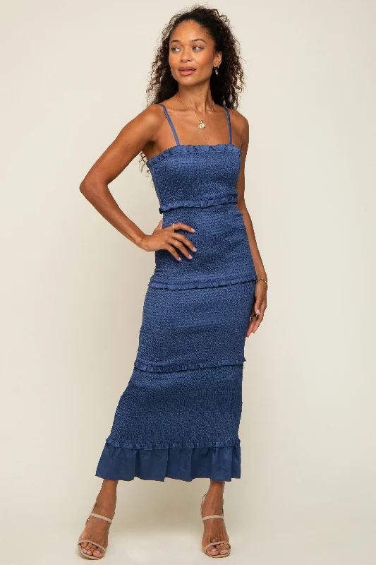 Effortlessly chic fashion for today’s woman   Blue Satin Smocked Fitted Maxi Dress