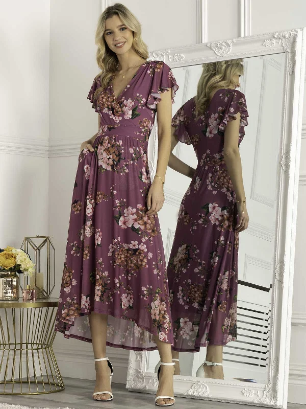 Chic and comfortable clothing for busy women Jolie Moi Eliza Dip Hem Mesh Maxi Dress, Purple Floral Chic and comfortable clothing for busy women Jolie Moi Eliza Dip Hem Mesh Maxi Dress, Purple Floral