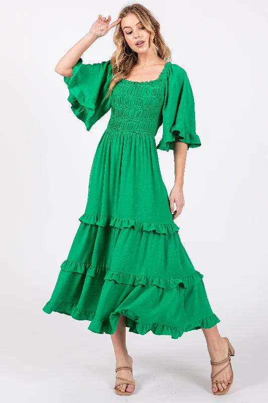 Elegant casual clothing for modern women   Green Smocked Ruffle Tiered Midi Dress