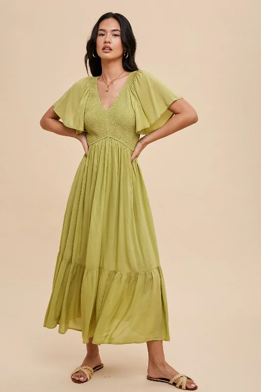 Elegant and comfortable women’s fashion wear Green Smocked Flutter Sleeve Midi Dress Elegant and comfortable women’s fashion wear Green Smocked Flutter Sleeve Midi Dress