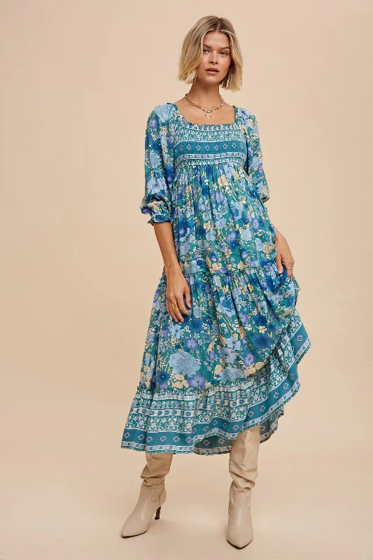 Fashionable, yet affordable women’s apparel Teal Floral Smocked Half-Length Sleeves Midi Dress Fashionable, yet affordable women’s apparel Teal Floral Smocked Half-Length Sleeves Midi Dress