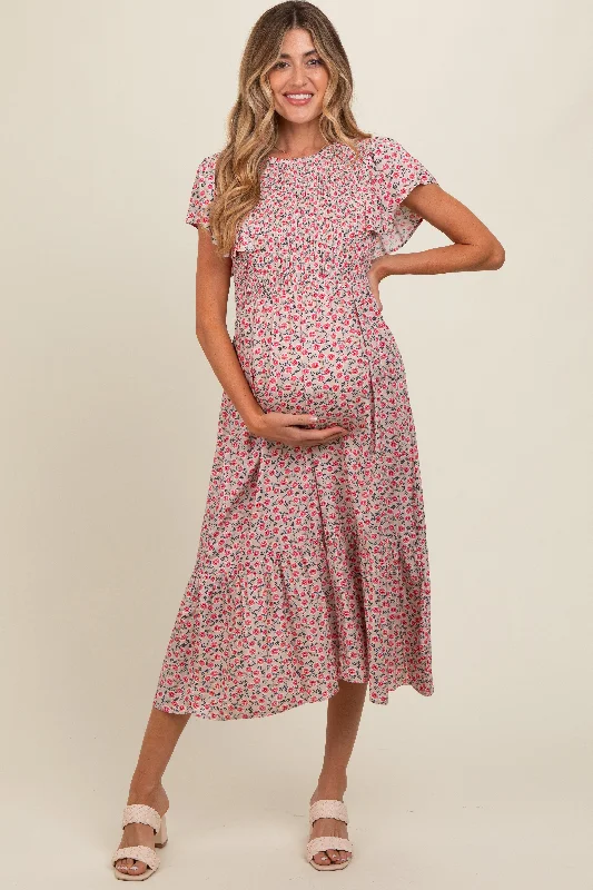 Everyday essentials for a stylish wardrobe Beige Floral Smocked Maternity Midi Dress Everyday essentials for a stylish wardrobe Beige Floral Smocked Maternity Midi Dress