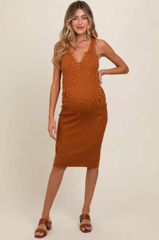 Fashion pieces that complement every woman’s style Camel Sleeveless Knit Henley Maternity Midi Dress Fashion pieces that complement every woman’s style Camel Sleeveless Knit Henley Maternity Midi Dress