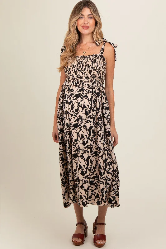 Modern fashion pieces designed for all women Black Printed Smocked Shoulder Tie Maternity Midi Dress Modern fashion pieces designed for all women Black Printed Smocked Shoulder Tie Maternity Midi Dress