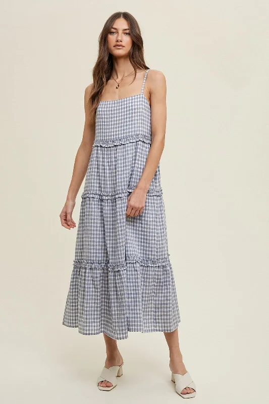 Comfortable yet stylish outfits for women on the go Blue Gingham Ruffle Tiered Midi Dress Comfortable yet stylish outfits for women on the go Blue Gingham Ruffle Tiered Midi Dress