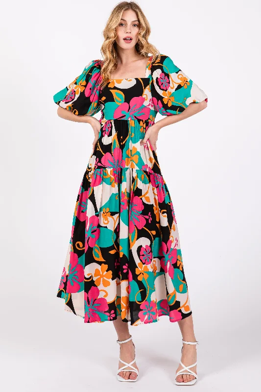 Women’s clothing that combines comfort and style Black Floral Tiered Puff Sleeve Midi Dress Women’s clothing that combines comfort and style Black Floral Tiered Puff Sleeve Midi Dress