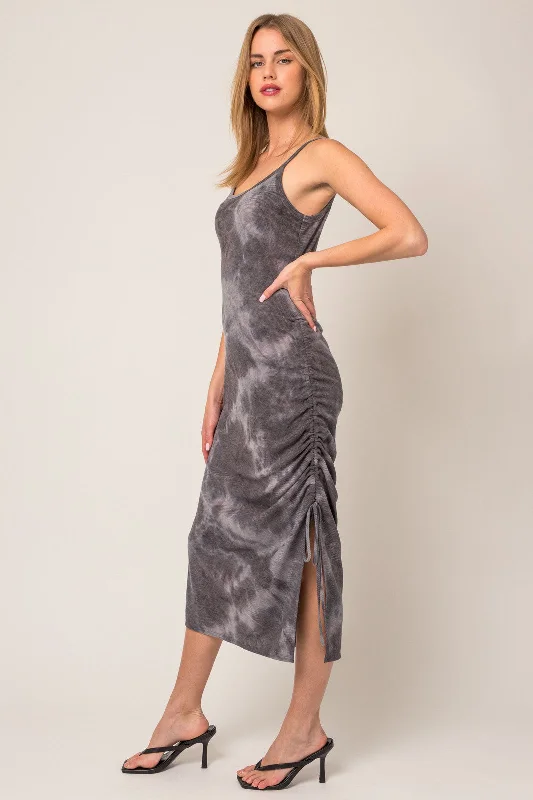 Fashionable clothing that fits every occasion Charcoal Tie Dye Waffle Knit Side Ruched Midi Dress Fashionable clothing that fits every occasion Charcoal Tie Dye Waffle Knit Side Ruched Midi Dress