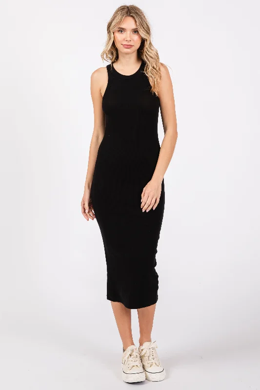 Soft, breathable fabrics for fashionable women Black Sleeveless Ribbed Fitted Midi Dress Soft, breathable fabrics for fashionable women Black Sleeveless Ribbed Fitted Midi Dress
