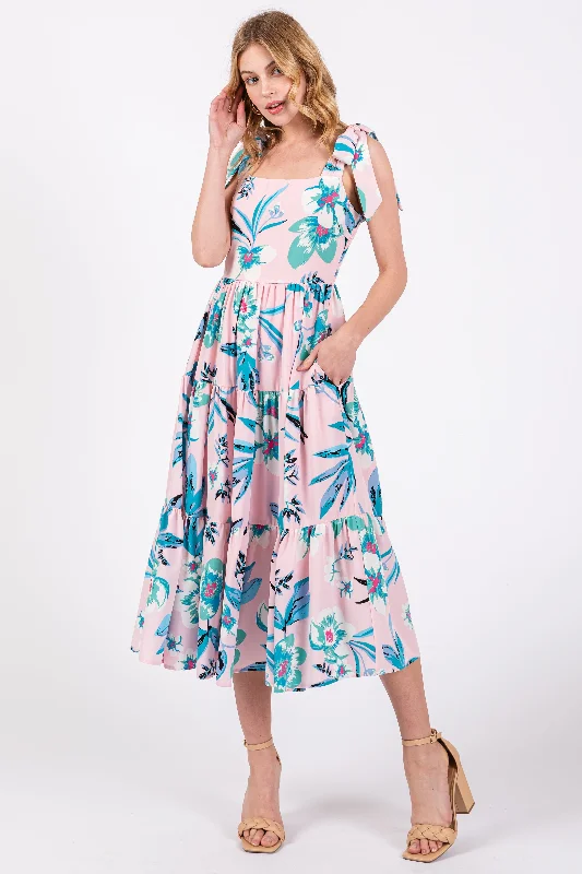 Latest fashion trends for modern women Light Pink Sleeveless Floral Tiered Midi Dress Latest fashion trends for modern women Light Pink Sleeveless Floral Tiered Midi Dress