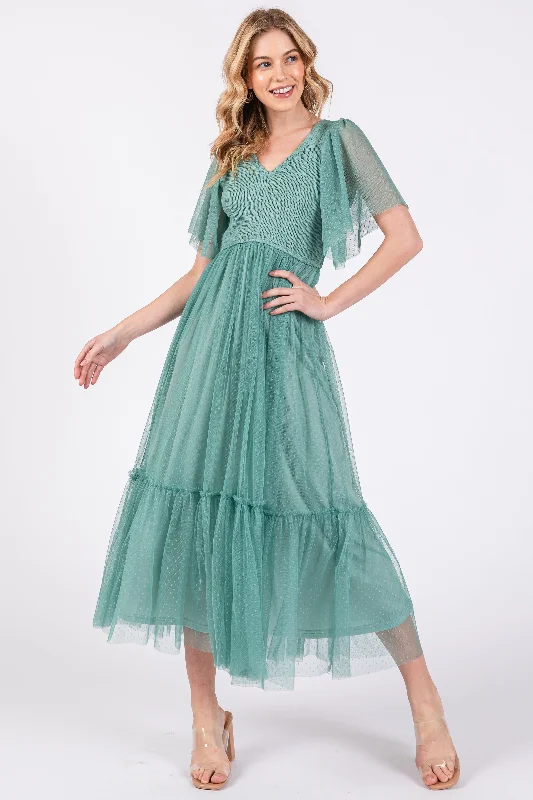 Elegant evening wear for special events   Light Olive Dotted Tulle Smocked Midi Dress